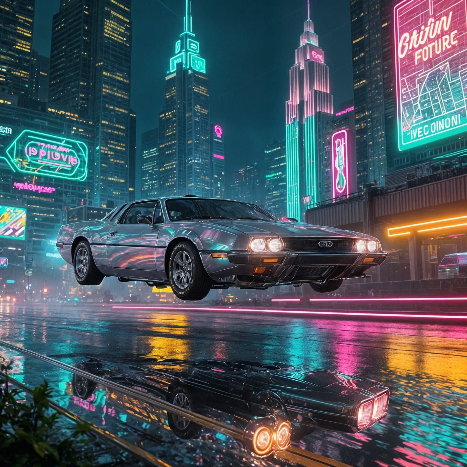 Retro-Futuristic Flying Car in Neon Cityscape