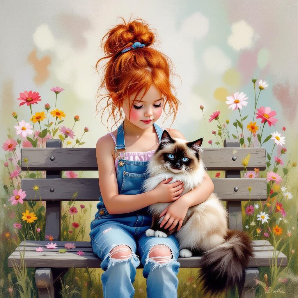 Whimsical Girl with Cat, Airbrush Style