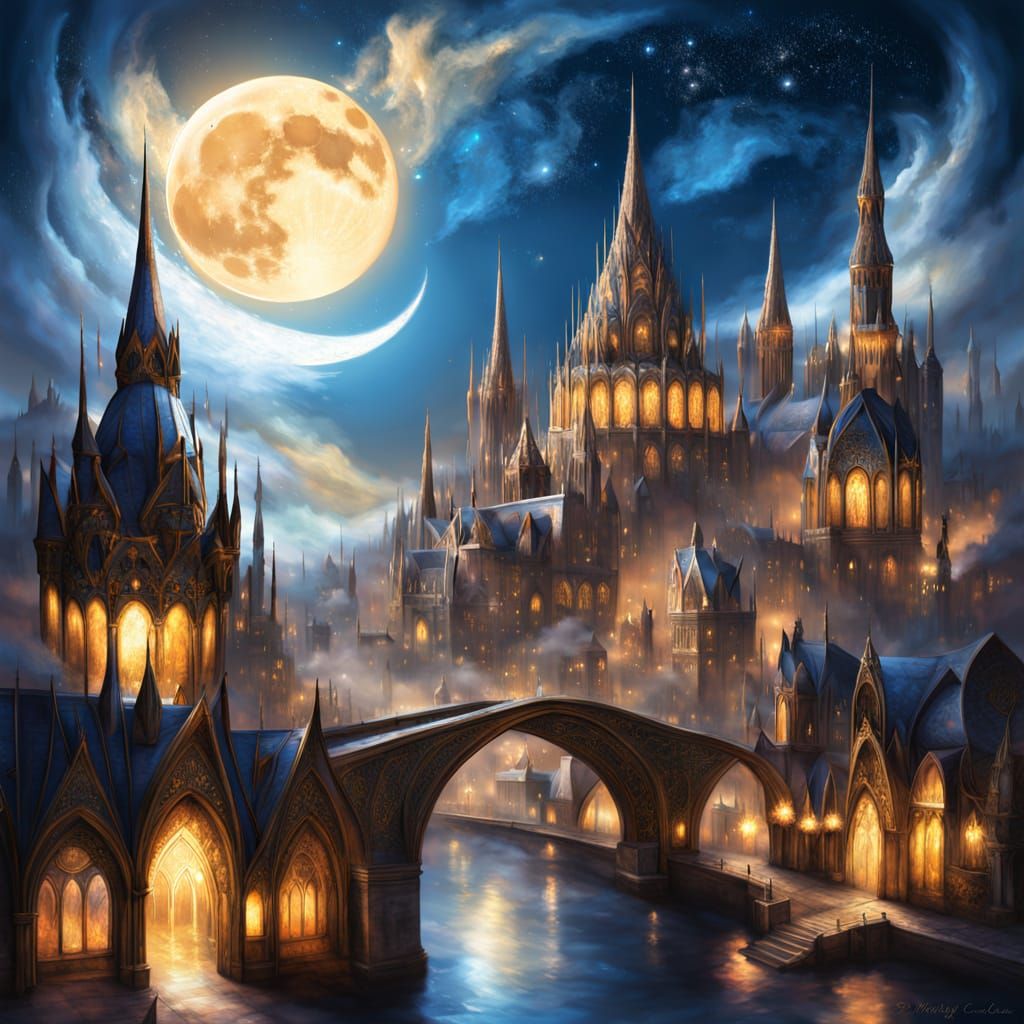 Fantasy City Rests Within Glowing Crescent Moon