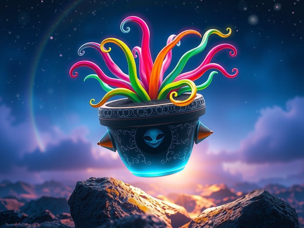 Whimsical Spacecraft Blooms in Lush Alien Landscape