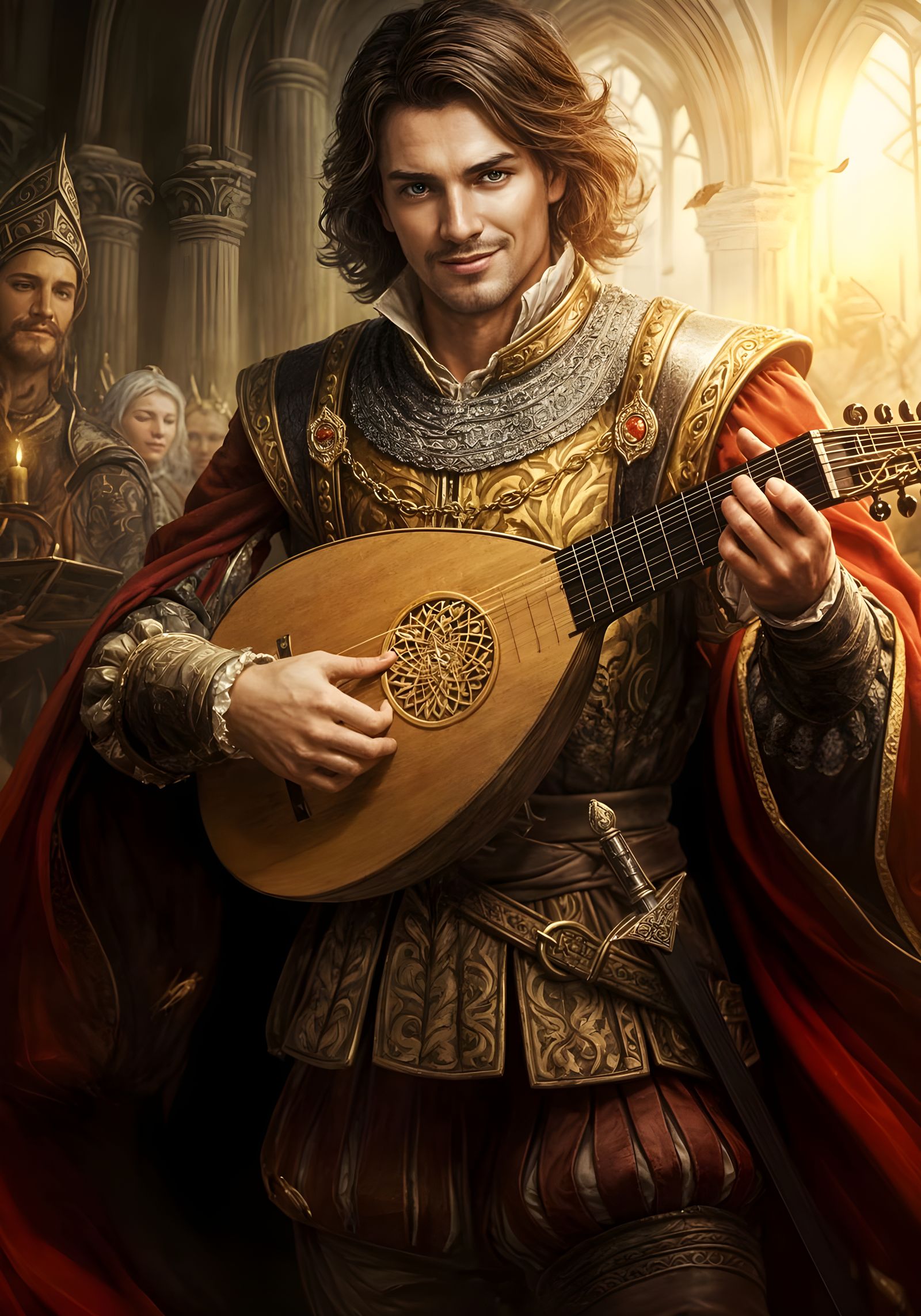 Medieval Troubadour in Noble Court, Playing Lute with Flambo...