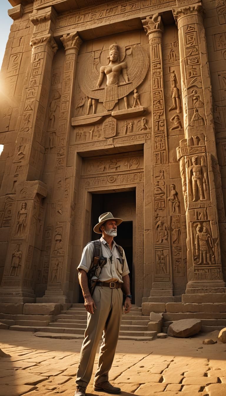 Adventurer Archeologist at Babylonian Temple in Golden Light