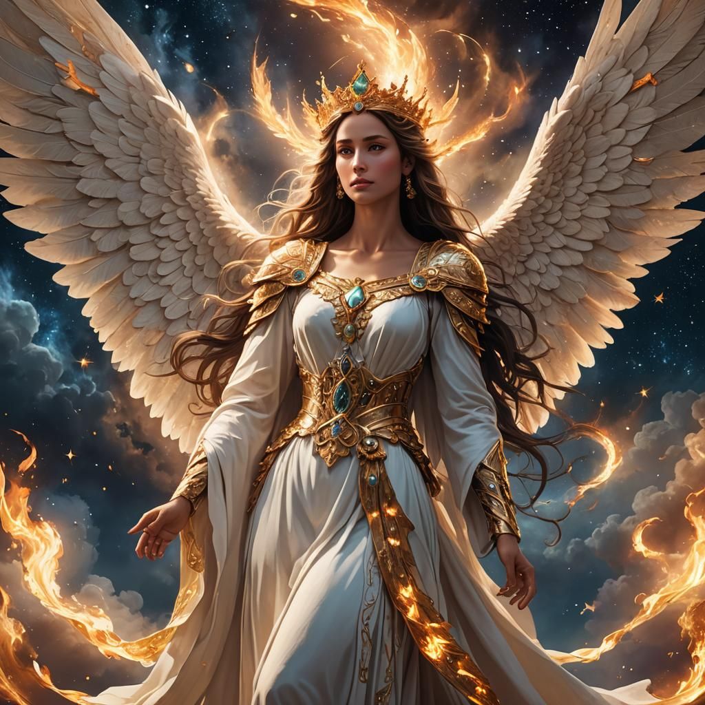 Angelic Woman with Flaming Crown and Celestial Wings