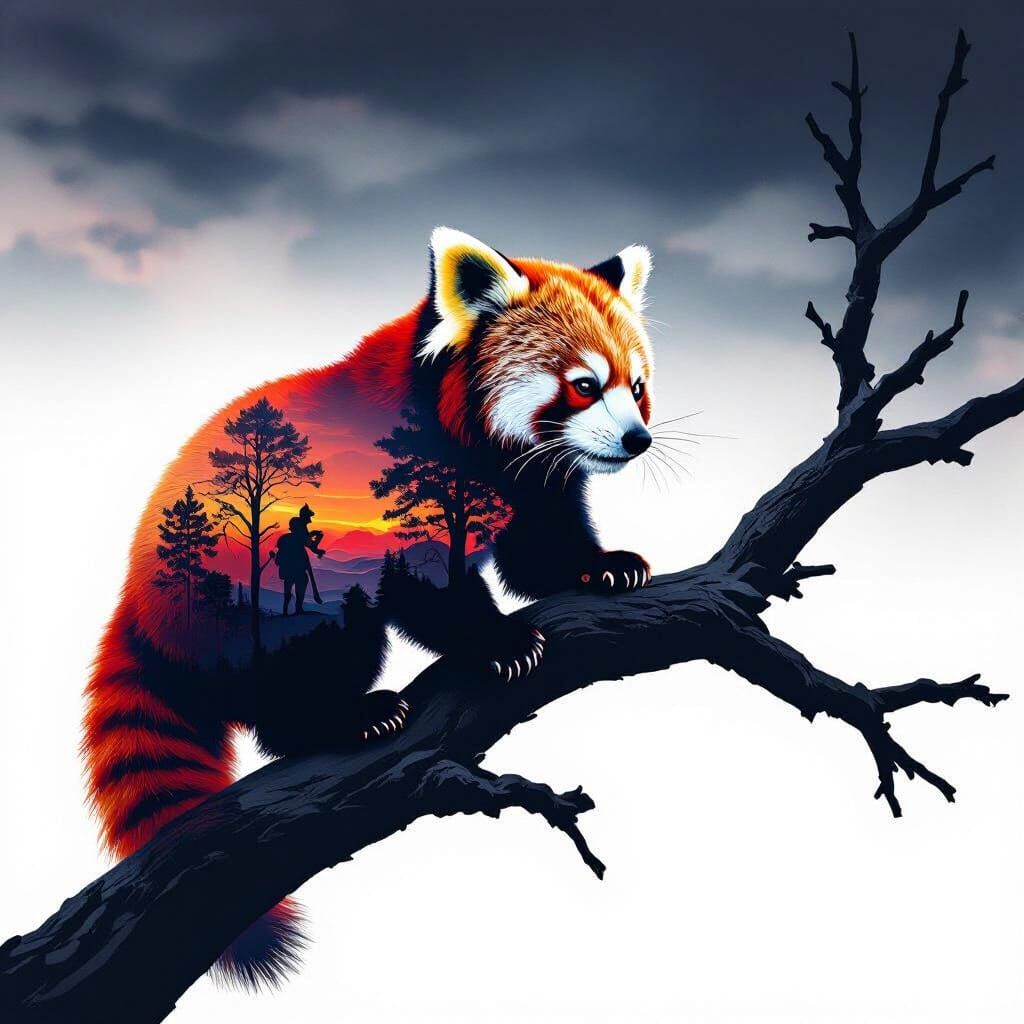 Captivating Red Panda Double Exposure Oil Painting