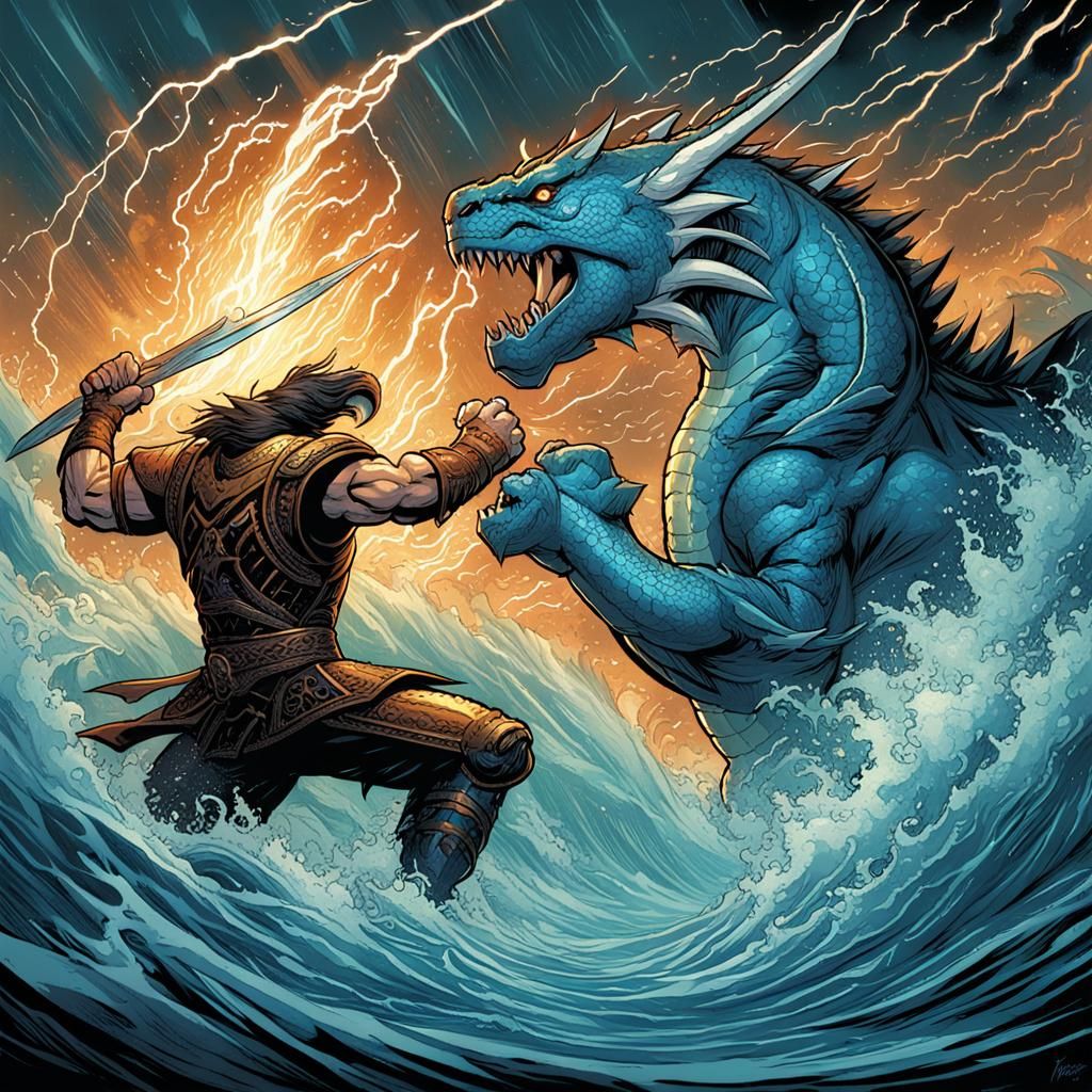 Epic Thunder and Water Dragon Battle in Comic Style