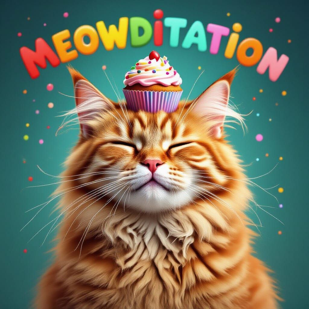 Fluffy Ginger Cat Meditating with Cupcake and "Meowditation"...