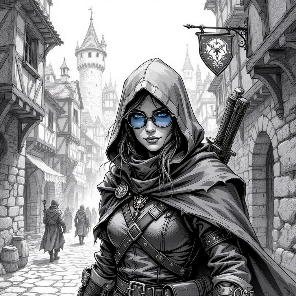 D&D Thief with Spectacles in Medieval City: Pencil Sketch