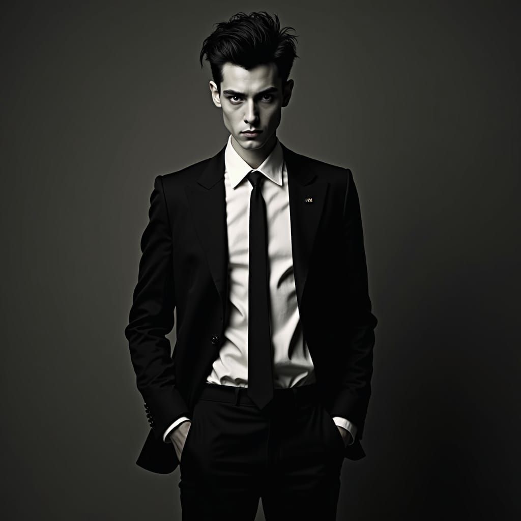 Sophisticated Figure in Black Suit: Avant-Garde Aesthetic