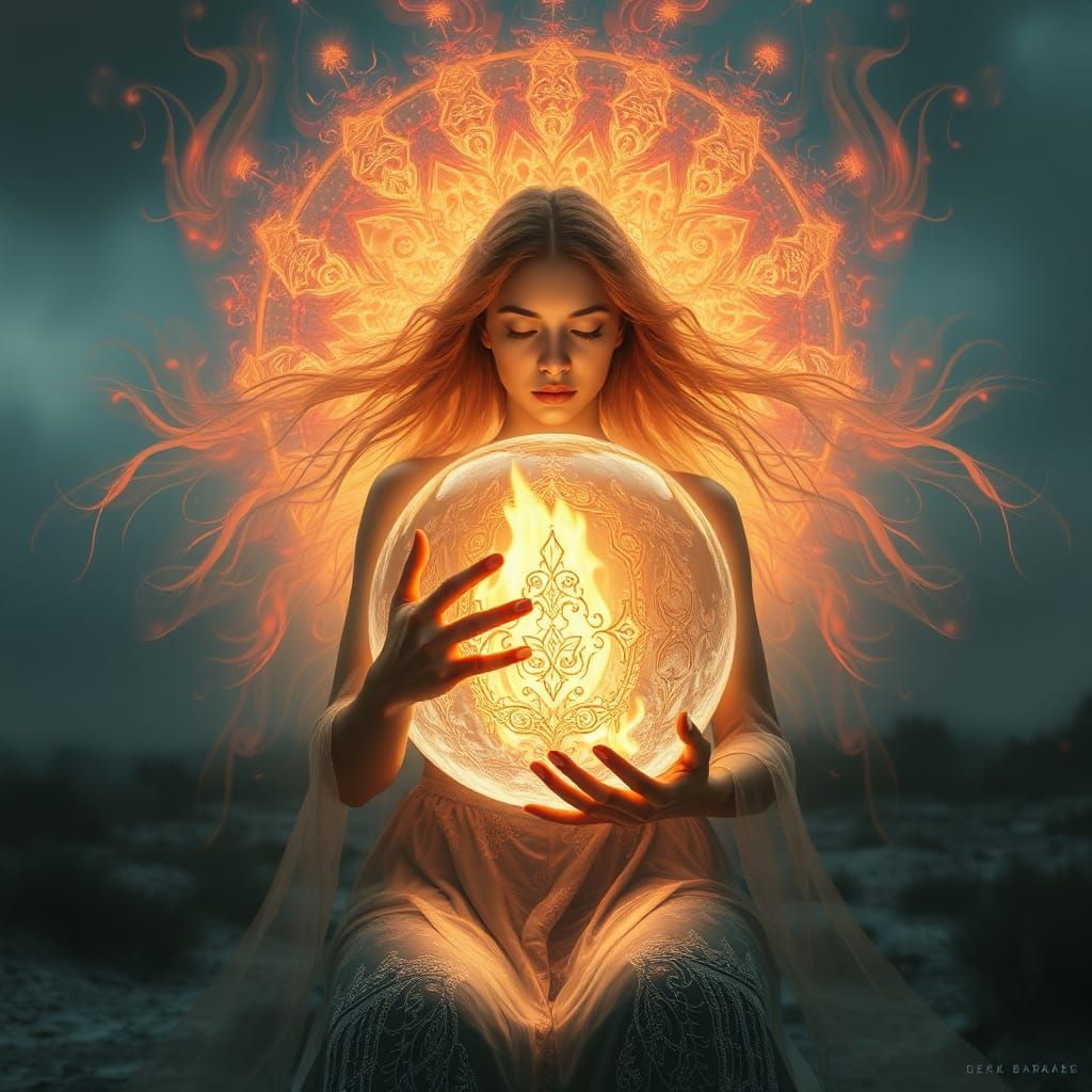 Mystical Woman with Glowing Orb in Sci-Fi Landscape