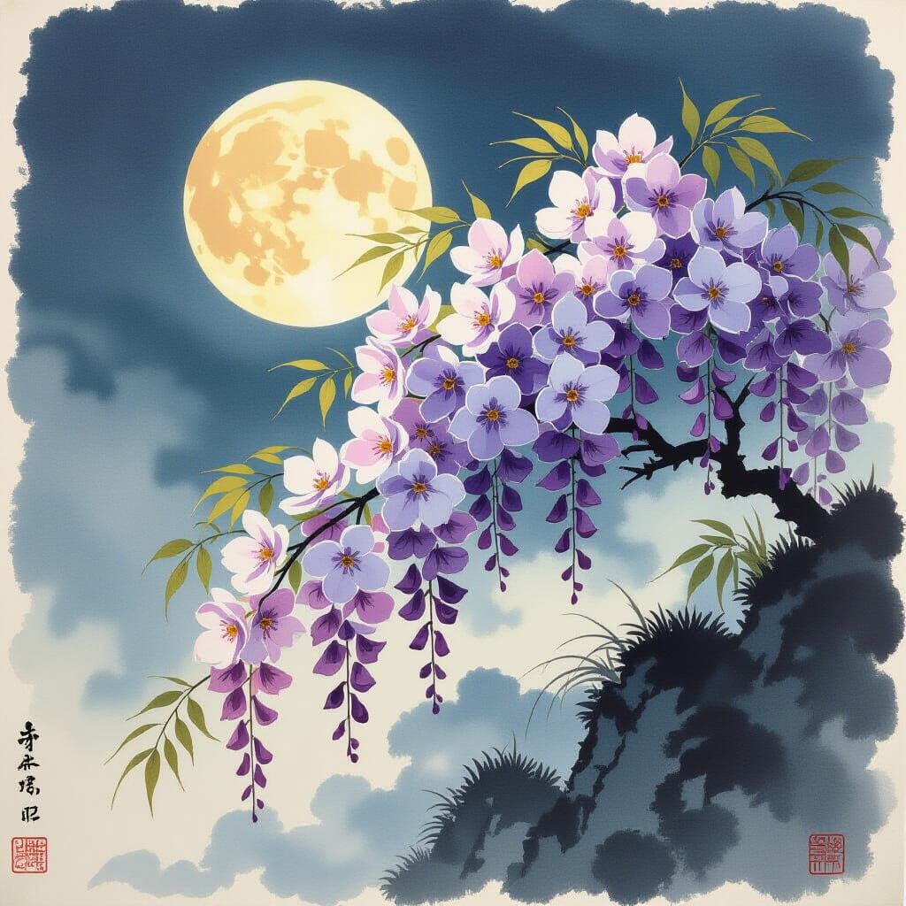 Wisteria Flowers in Moonlight: A Japanese Ukiyo-e Masterpiec...