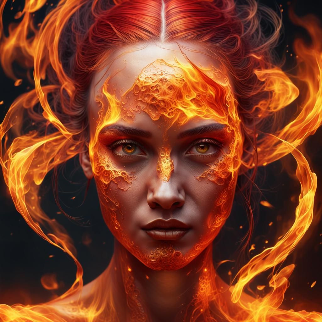 Fiery Transformation: Woman Ablaze in Hyperrealistic Fantasy...