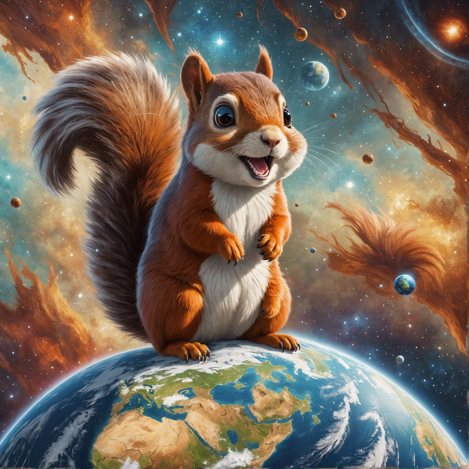 Giant Adorable Squirrel Conquers Earth: Oil Painting