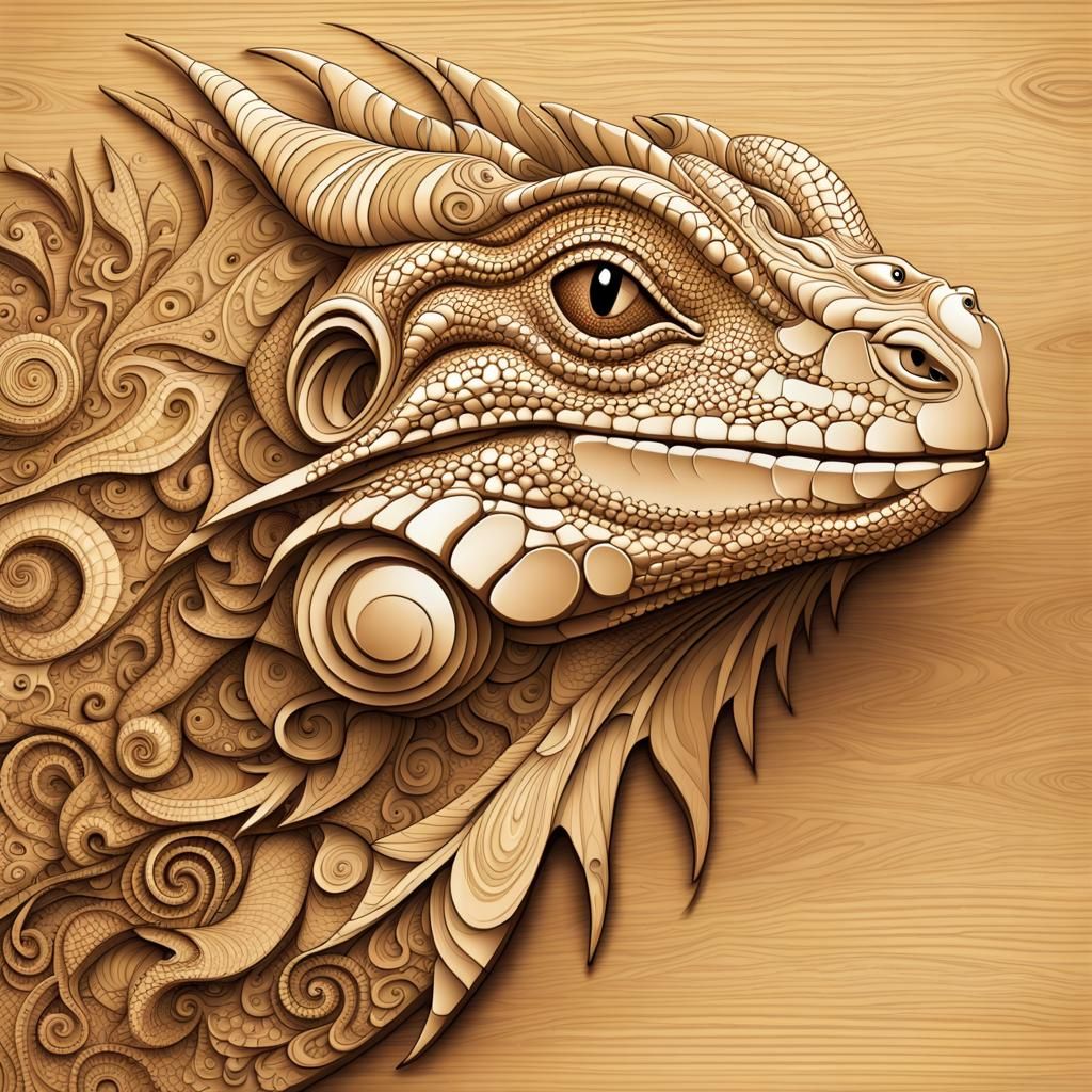 Wooden Iguana Head Carving on Fractal Background