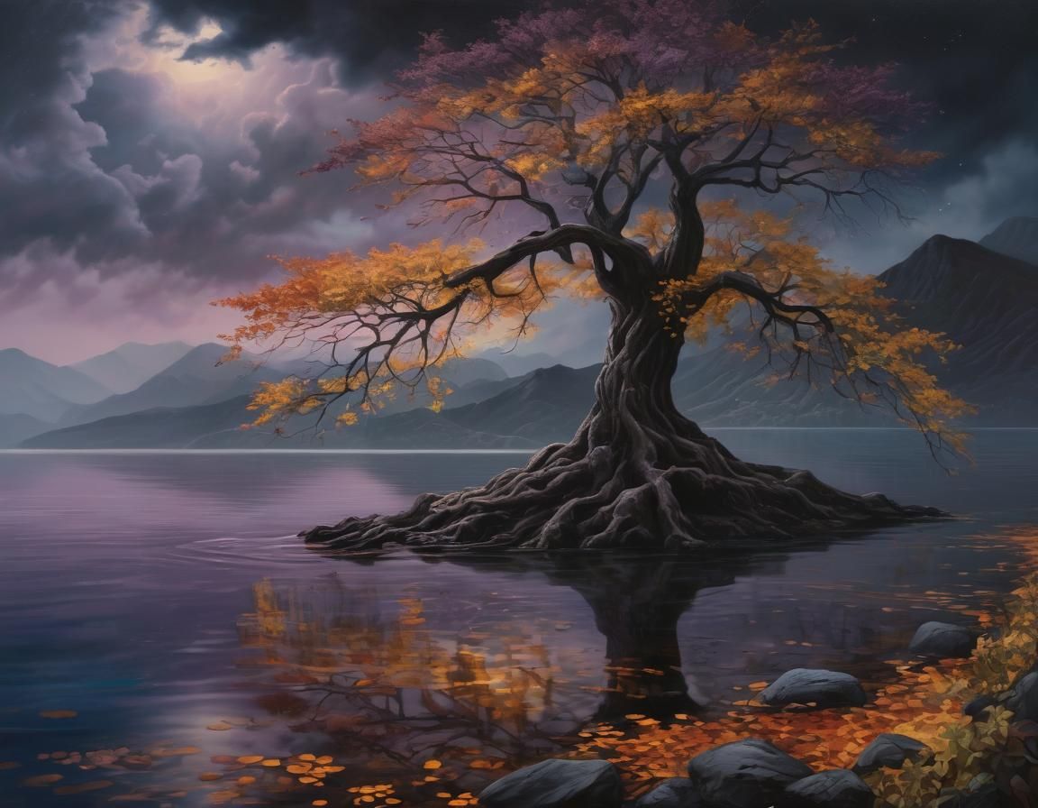 Surreal Blooming Tree on Shore Oil Painting