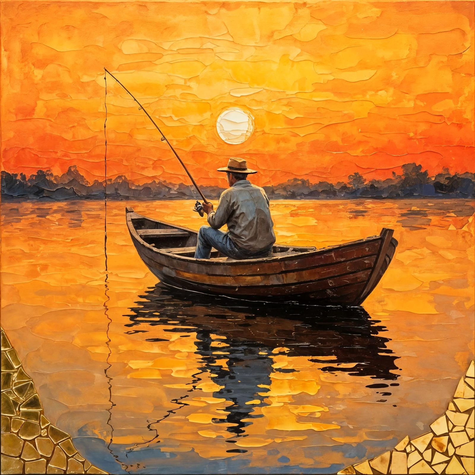 Impasto Oil Painting of Fisherman at Sunset with Gold Mosaic