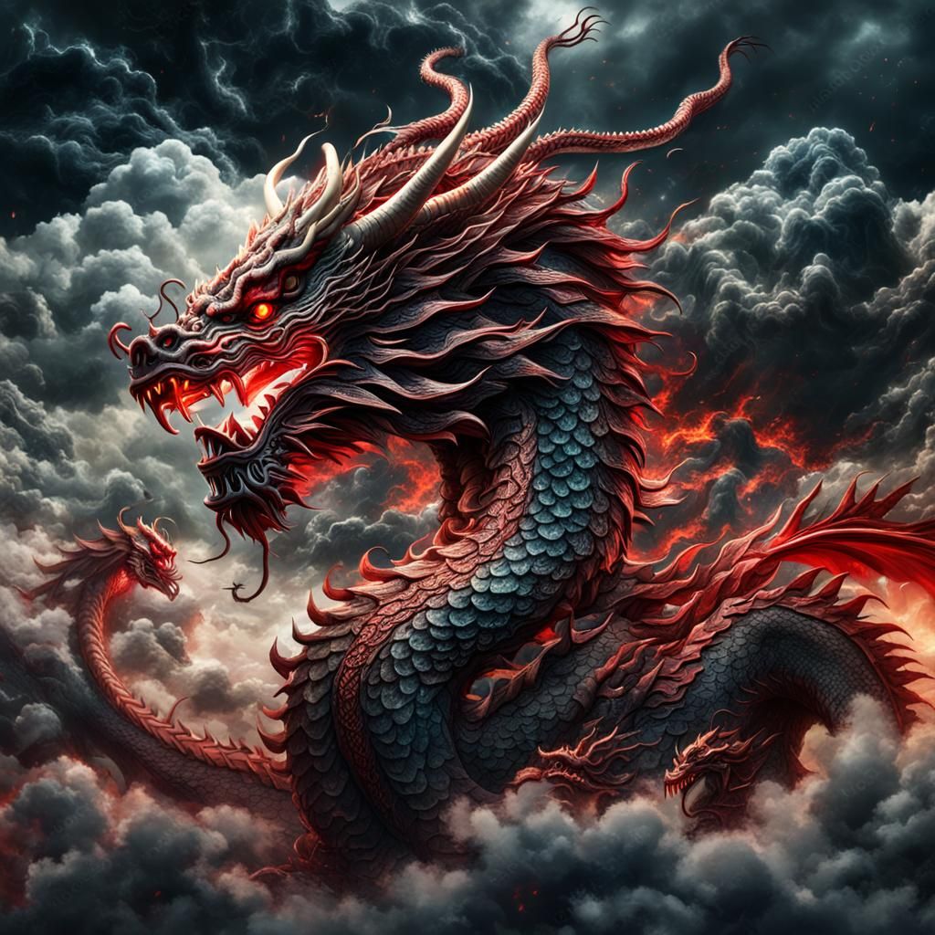 Red Chinese Dragon Soaring Through Night Clouds