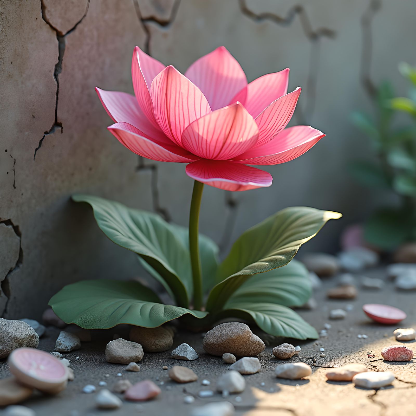 Pink Flower Emerges from Concrete: 3D Anime Art