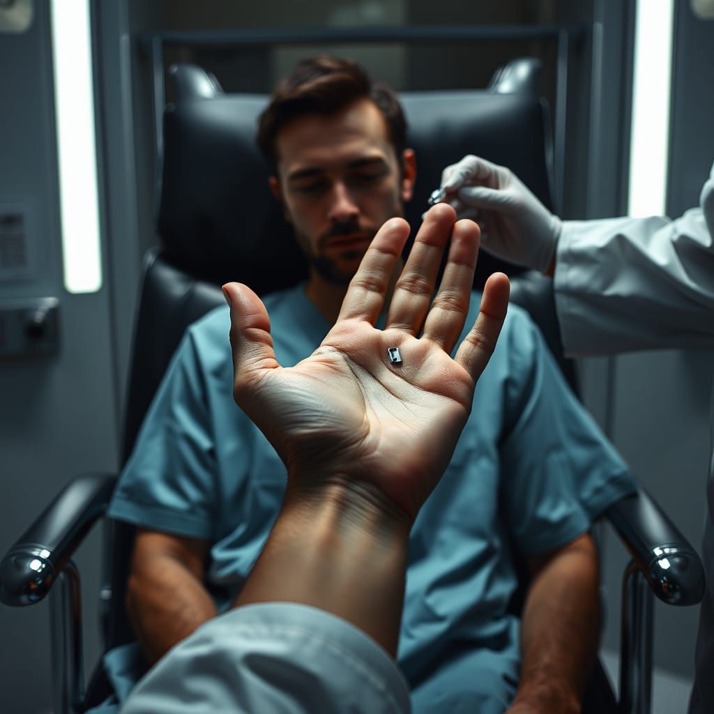 Microchip Implant: Hyperrealistic Sci-Fi Scene