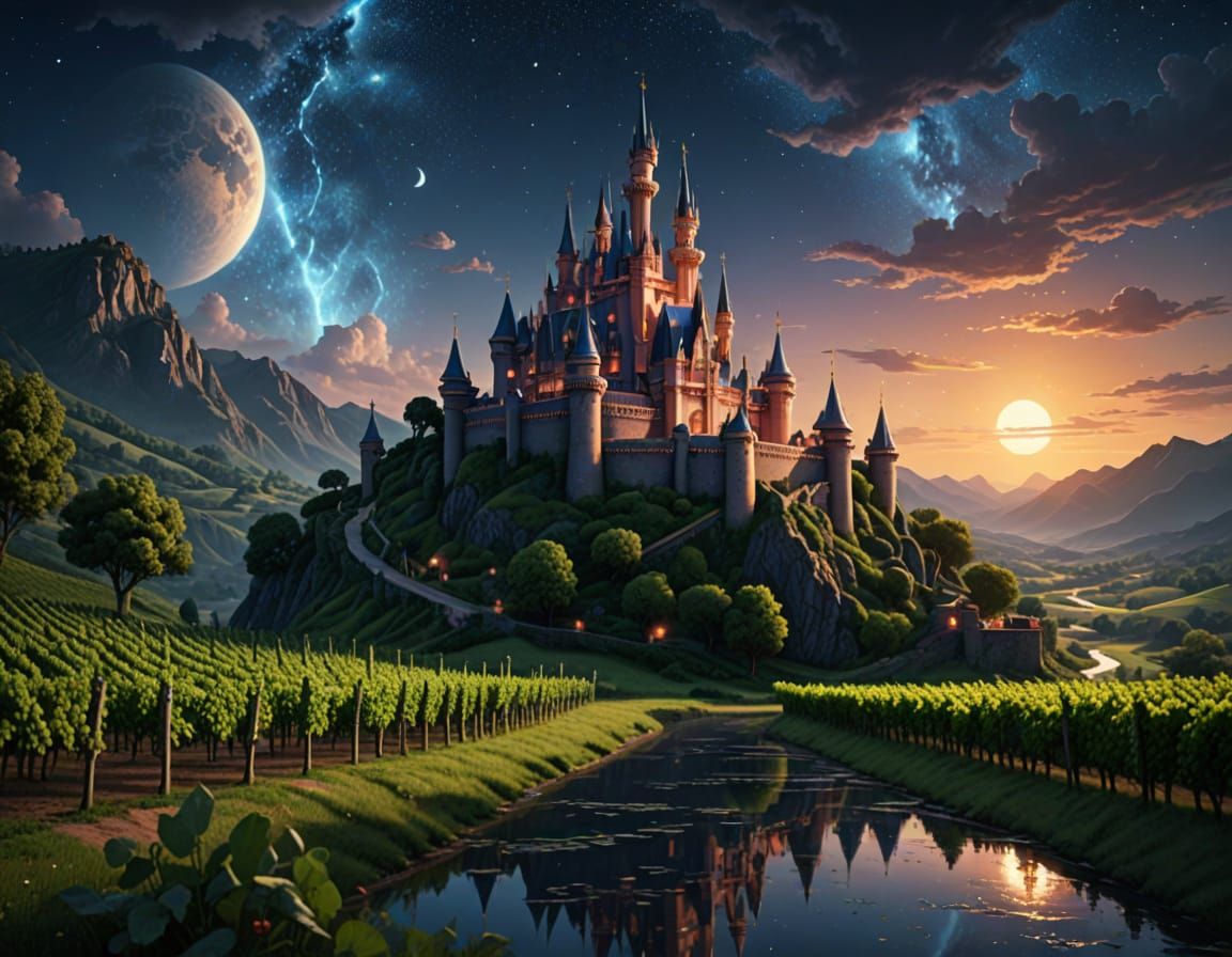 Disney Castle on Hilltop Surrounded by Vineyards and River