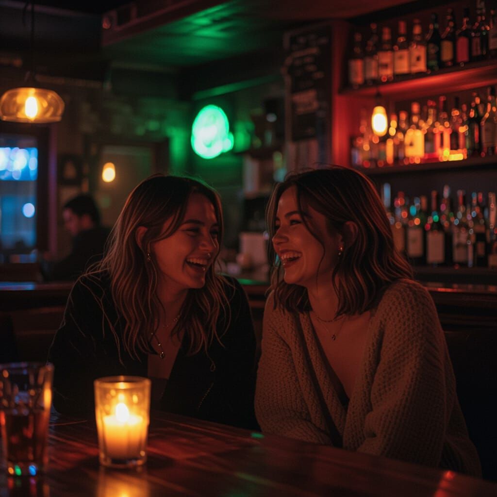 Friends Laughing in Atmospheric Bar
