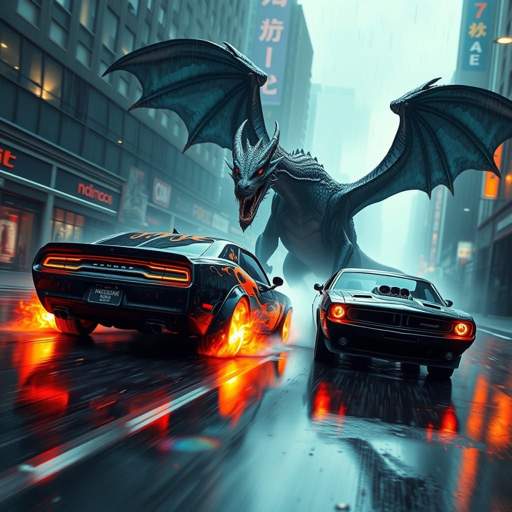 Cyberpunk Hot-Rod Dodge Charger Pursued by Fire-Breathing Dr...