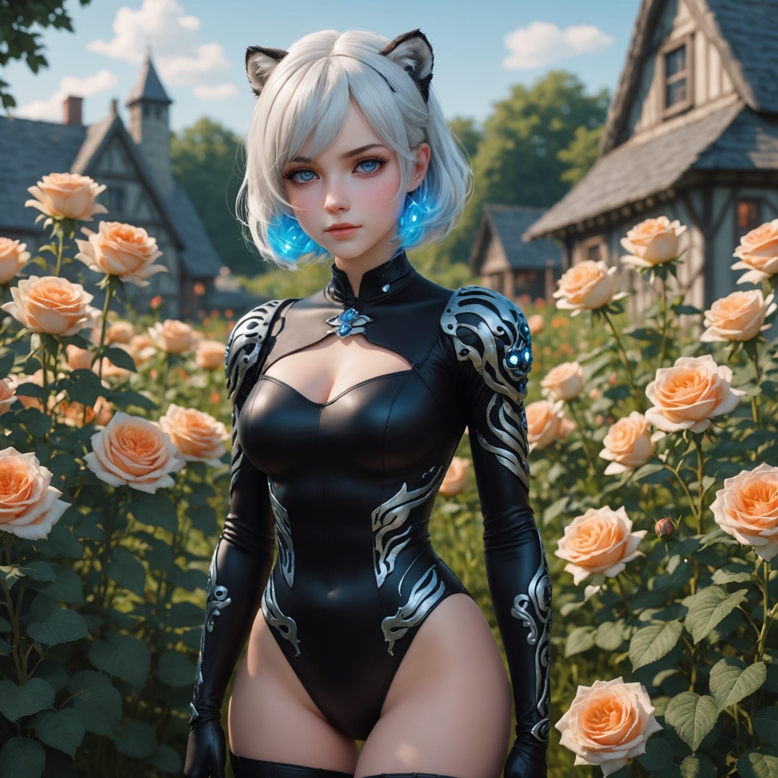 Woman with Glowing Tiger in Rose Field