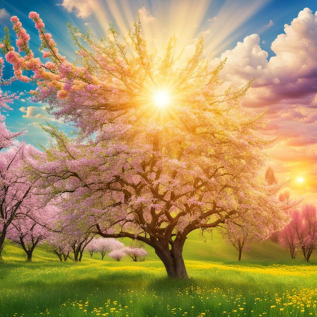 Springtime Valley with Blooming Tree and Golden Sun