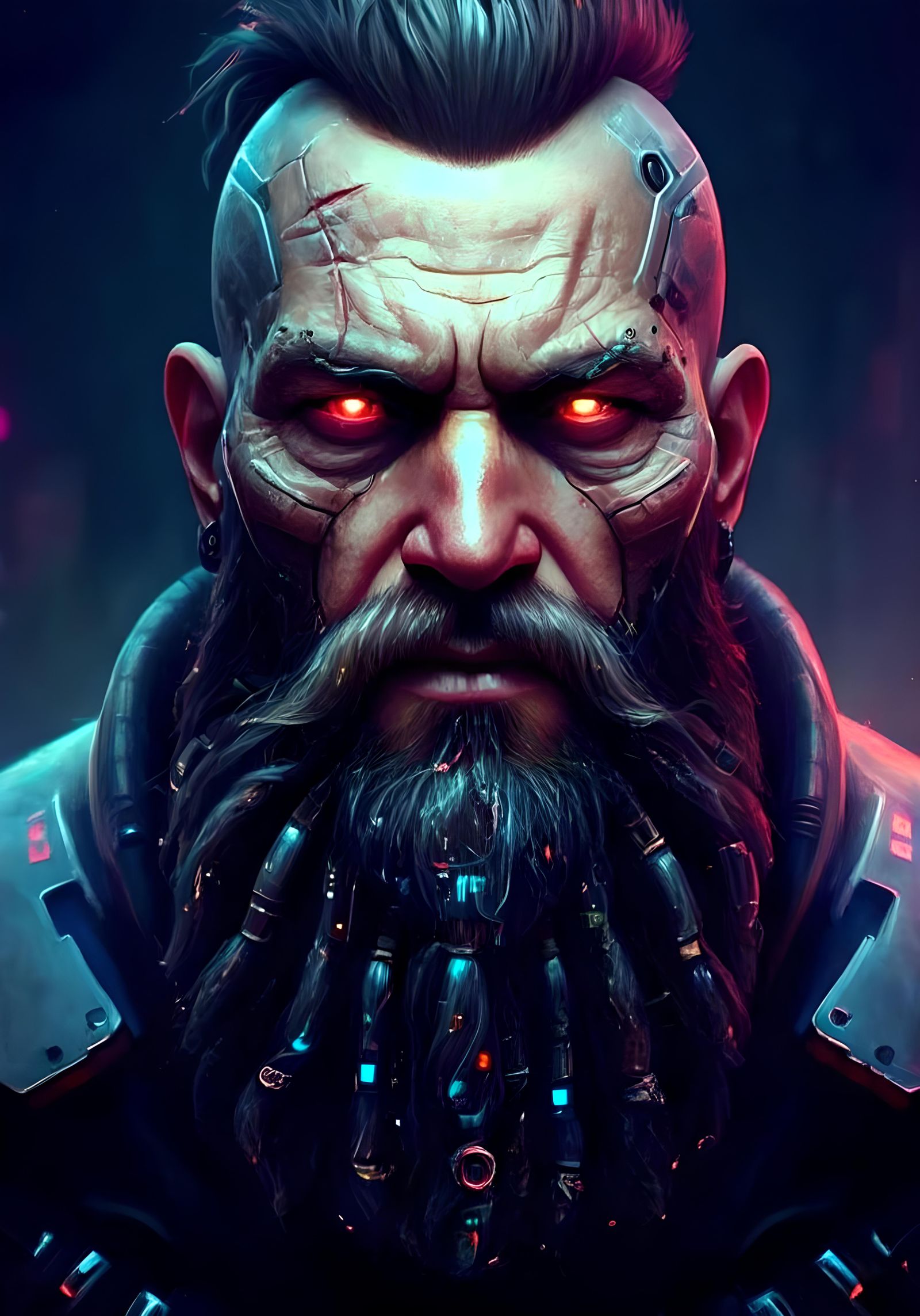 Cyberpunk Warrior Portrait with Braided Beard