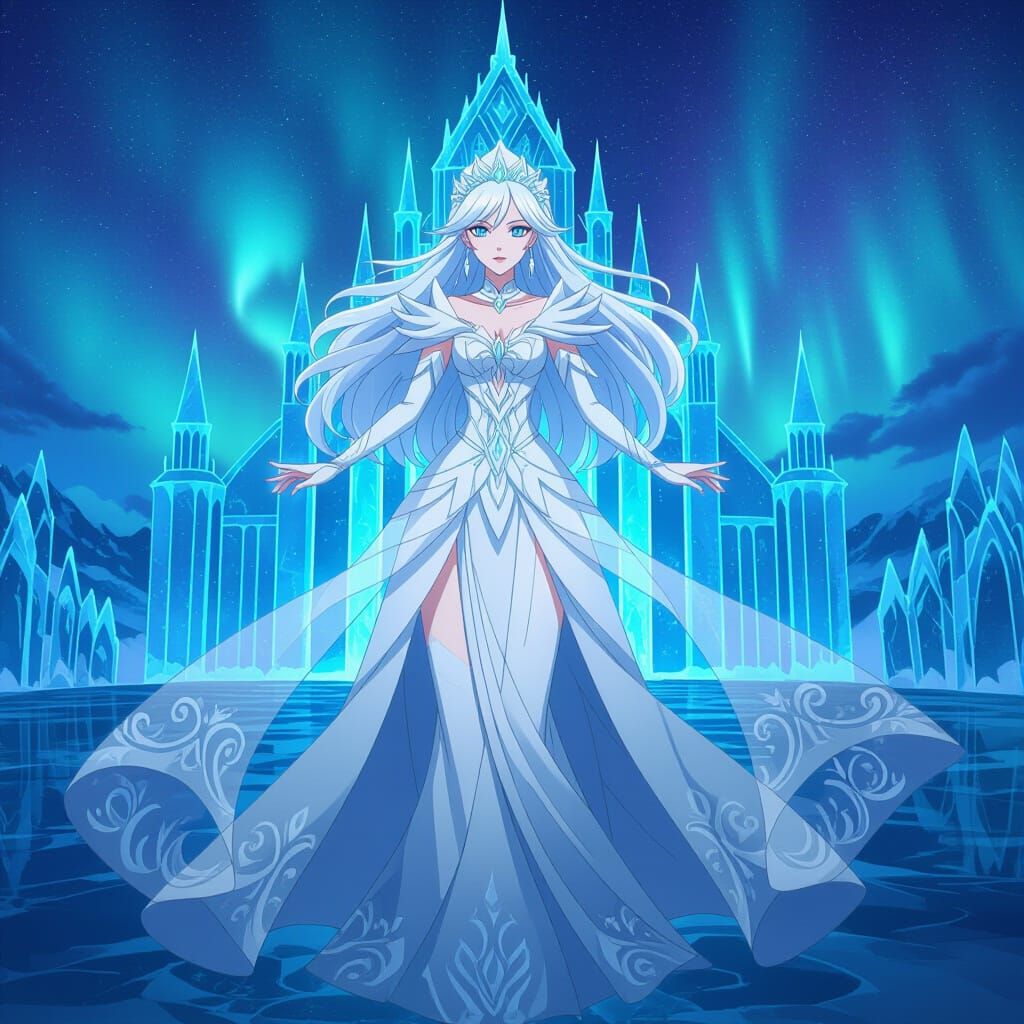 Ice Princess in Frozen Palace Under Aurora Borealis