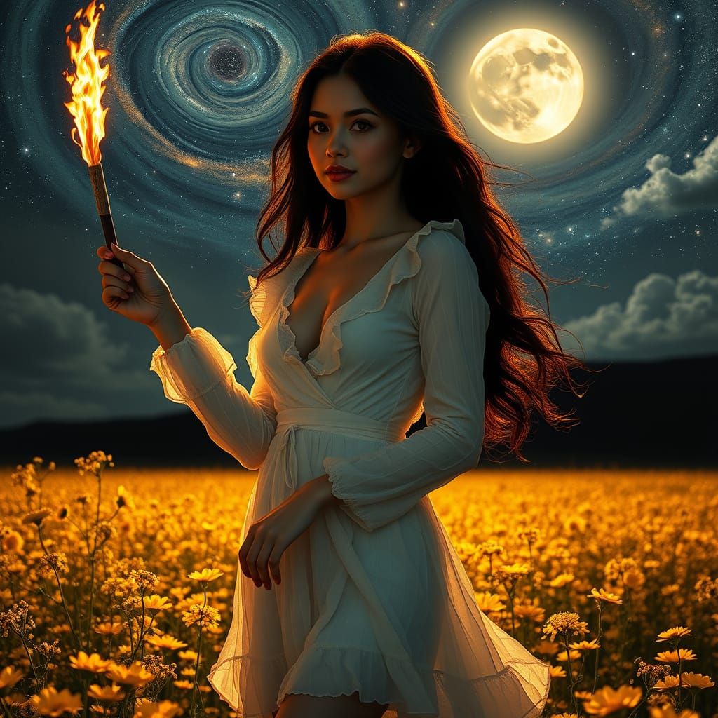Gorgeous Woman with Fire Wand in the Dark