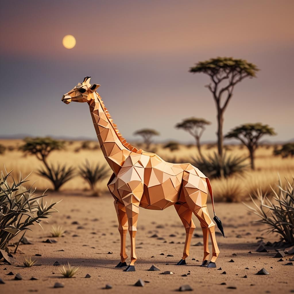 Origami Giraffe at Sunset in Savannah