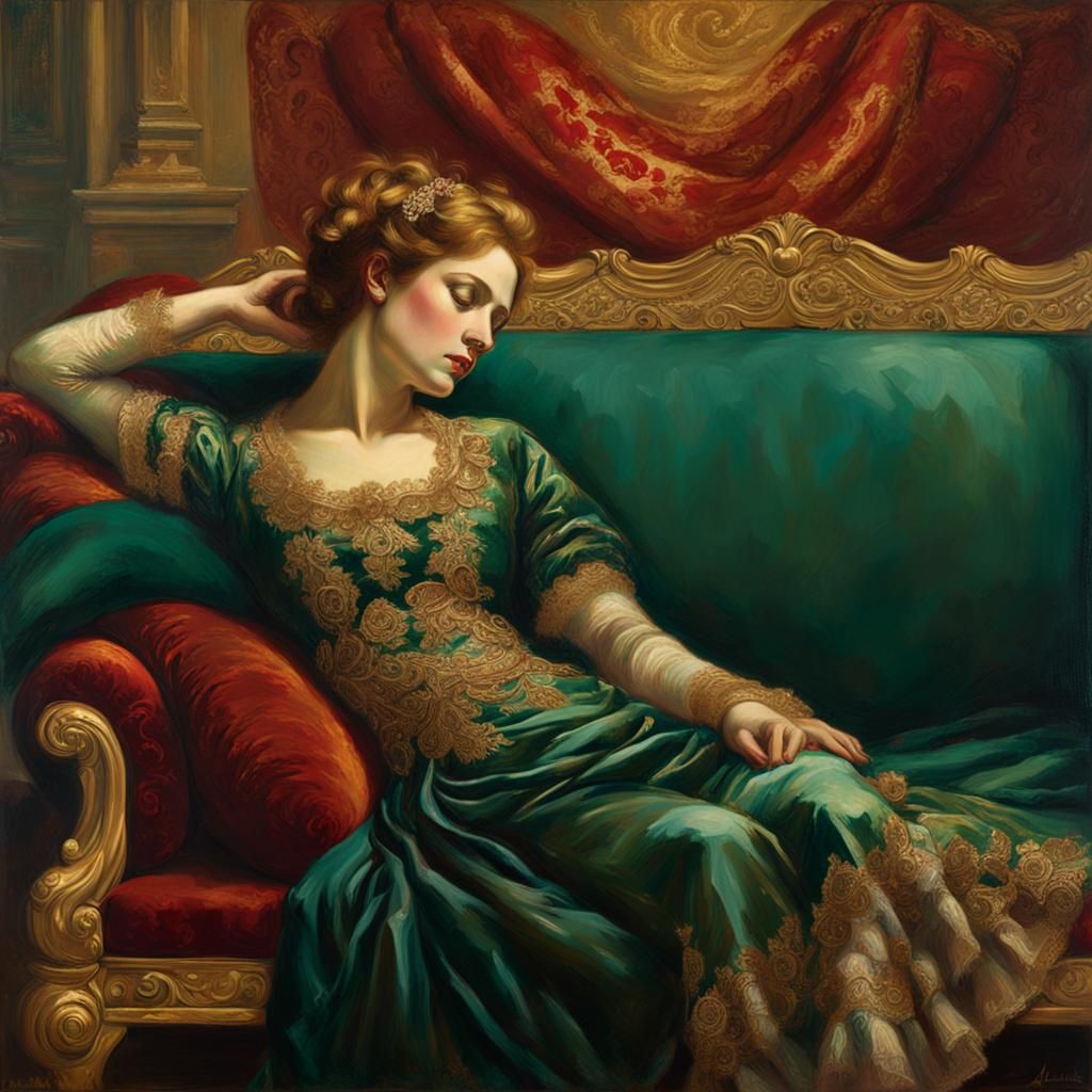 Woman in Rescue Dress on Velvet Couch as Oil Painting