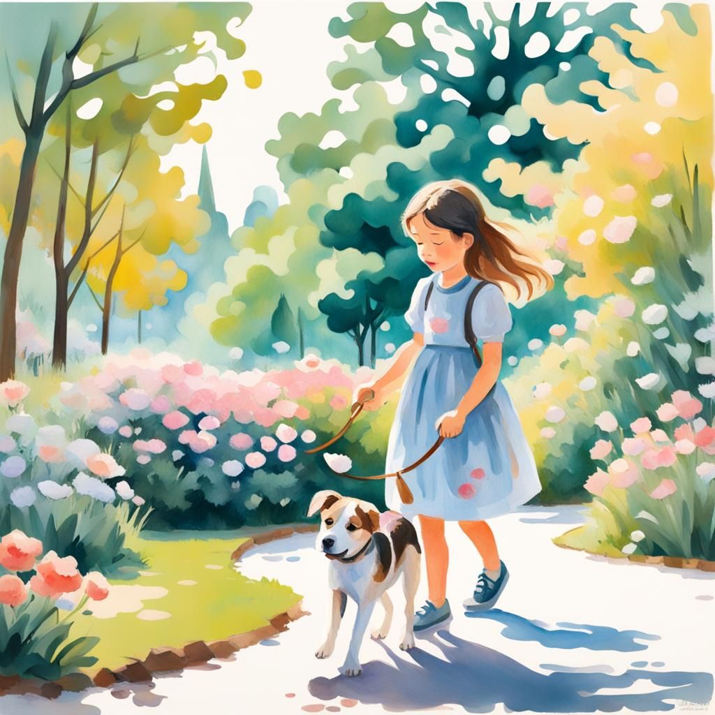 Girl and Dog Play in Park: Gouache Watercolor Art
