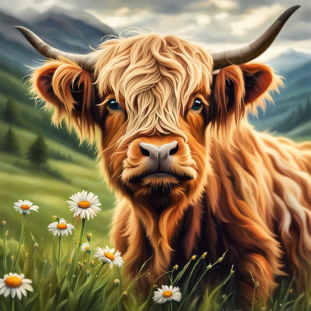 Highland Calf with Daisy: Ultra-Realistic Digital Painting