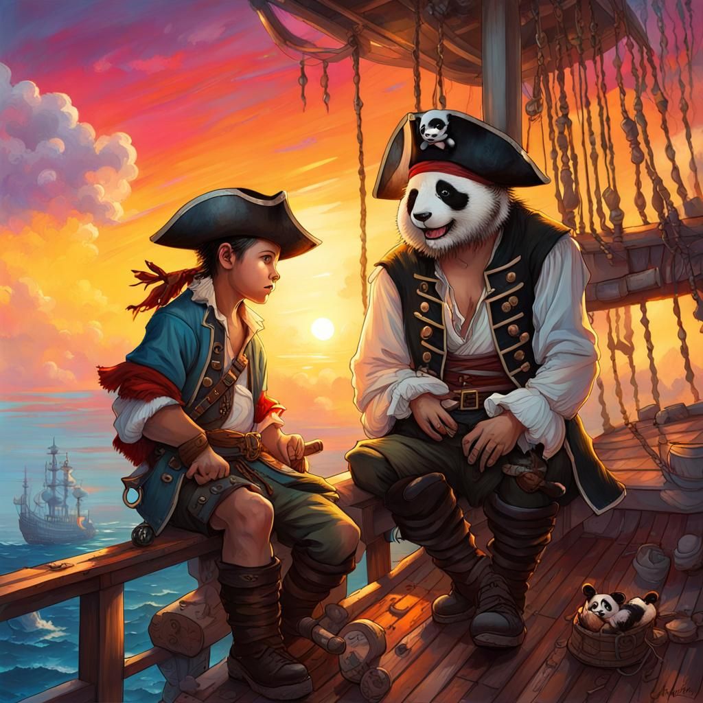 Pirate and Panda on Skyship Deck at Sunset