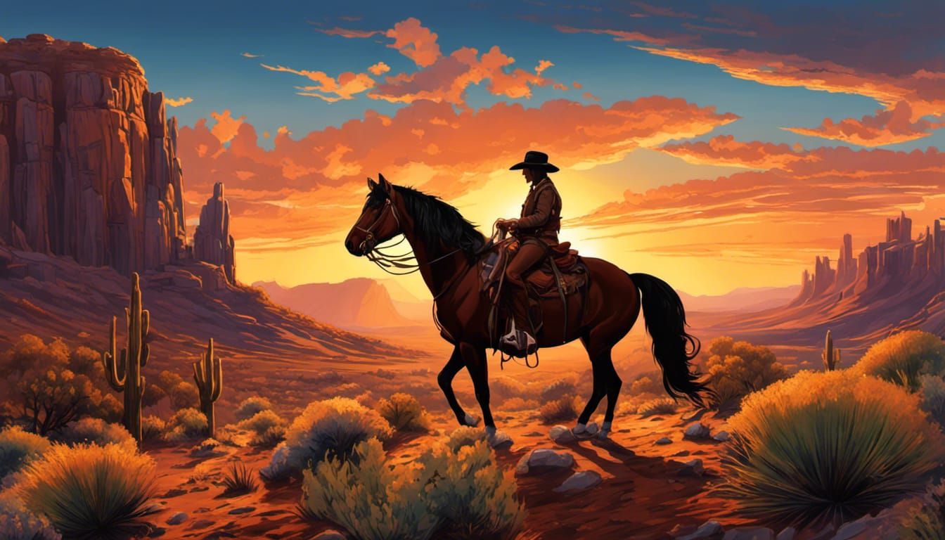 Cowgirl and Horse Campfire in Desert Landscape