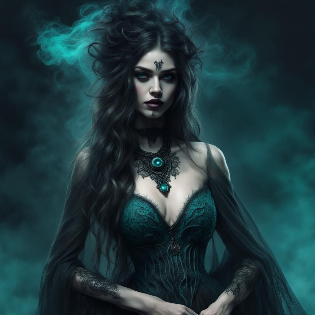 Cursed Witch in Black Dress, Fantasy Concept Art