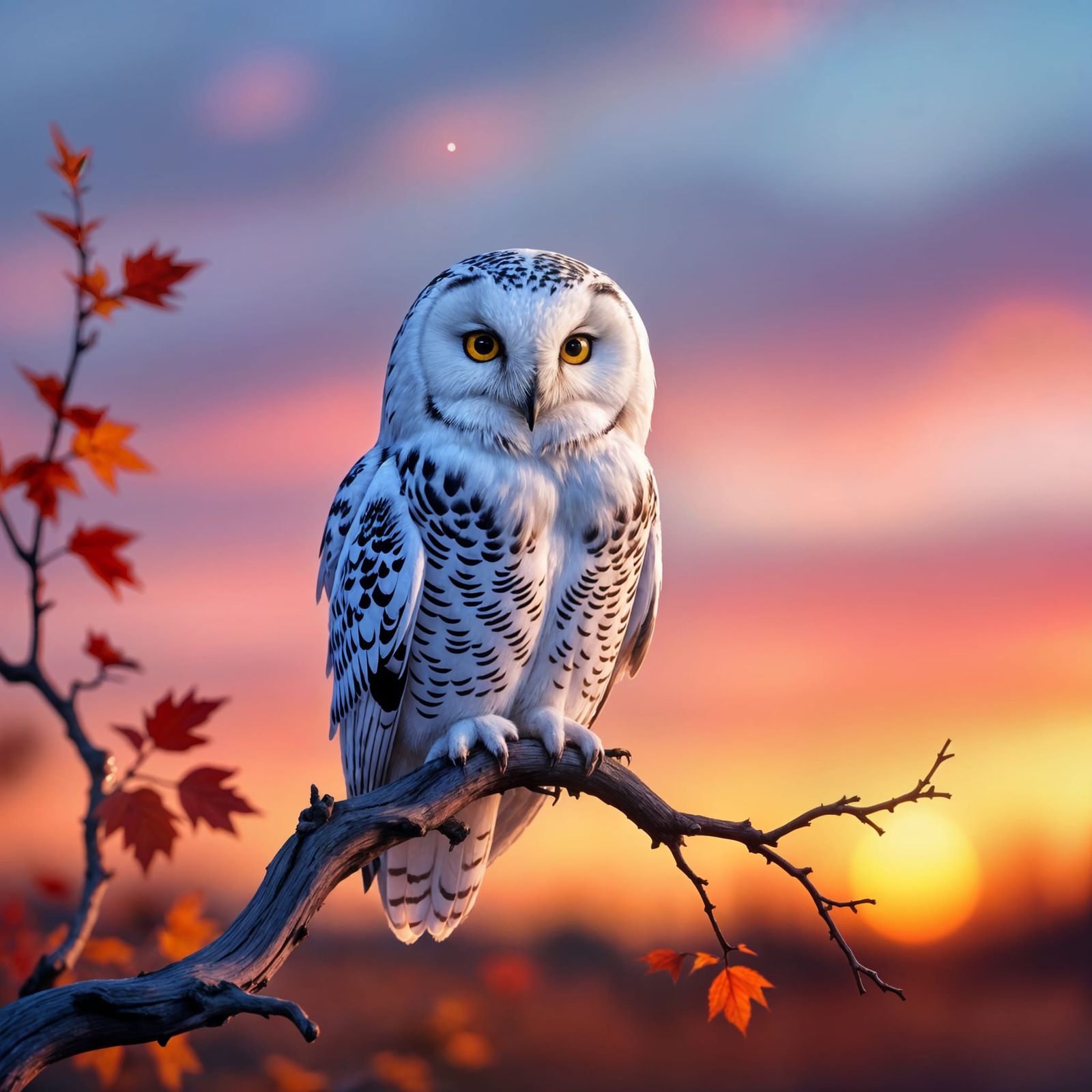 Ethereal Snow Owl in Vibrant Sunset on Autumn Branch