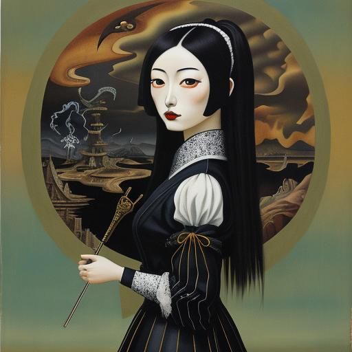 Japanese Goth Girl in Surrealist Melting Oil Painting