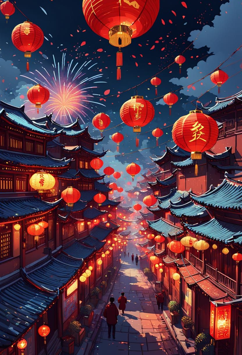 Vibrant New Year Celebration in Chinese Town