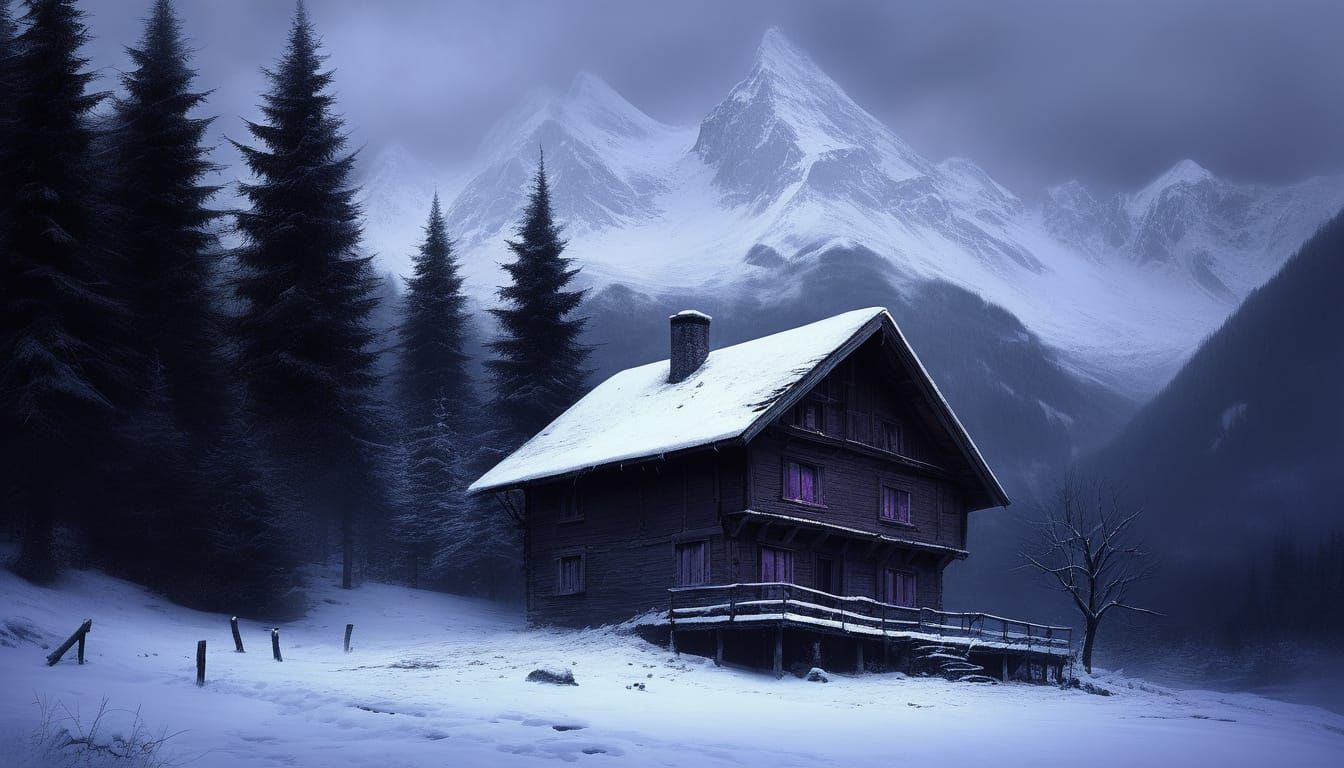 Eerie Dystopian Chalet in Snowscape