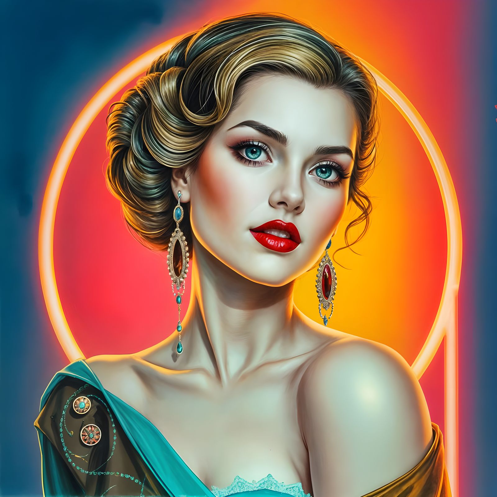 Surreal Portrait of a Woman in a Neon Studio, Painted in Vib...