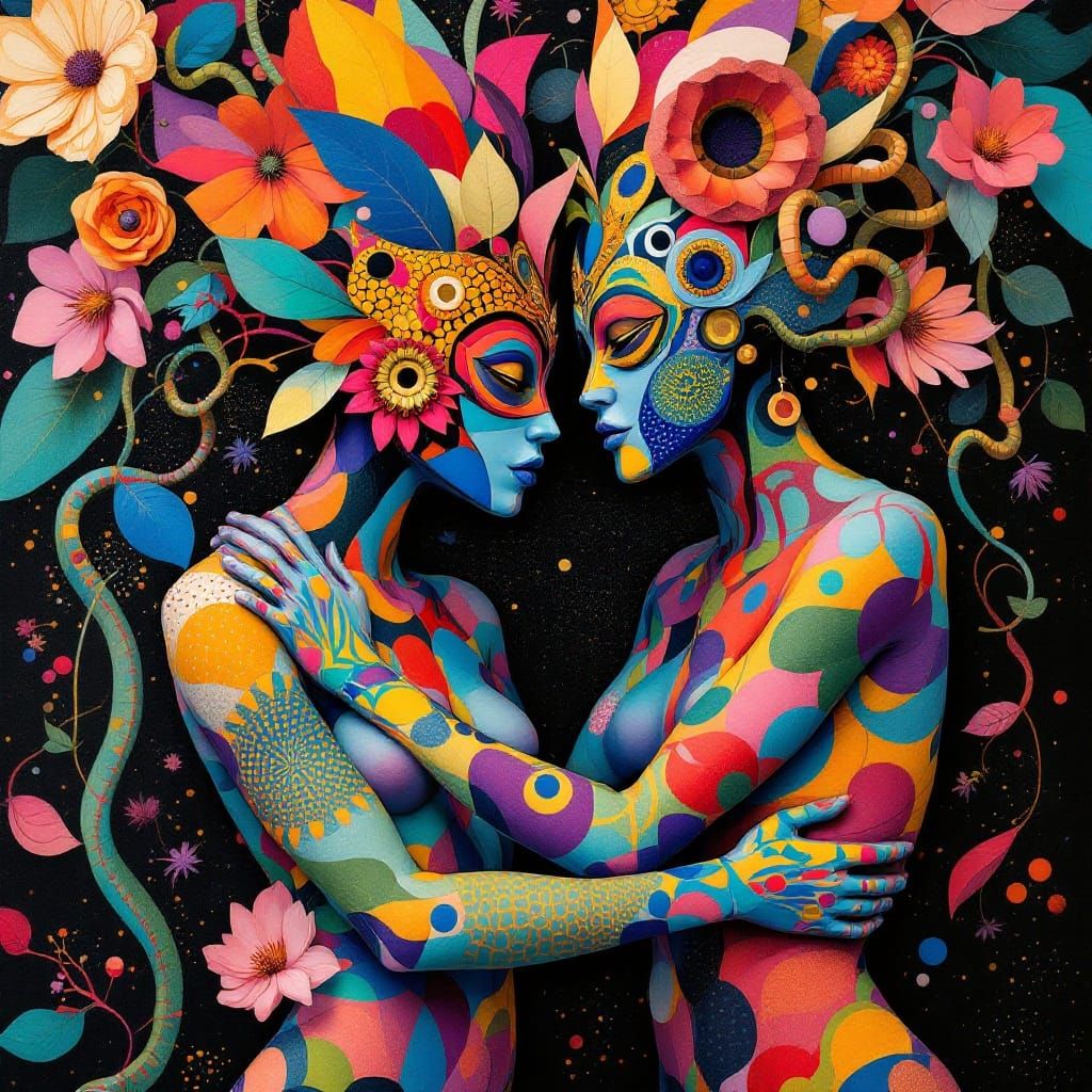 Dreamlike Voodoo Masks Merge with Human Forms in Vibrant Sur...