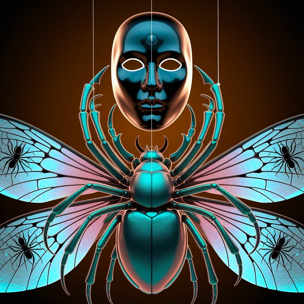 A colossal, obsidian Mask, devoid of human features, hangs s...