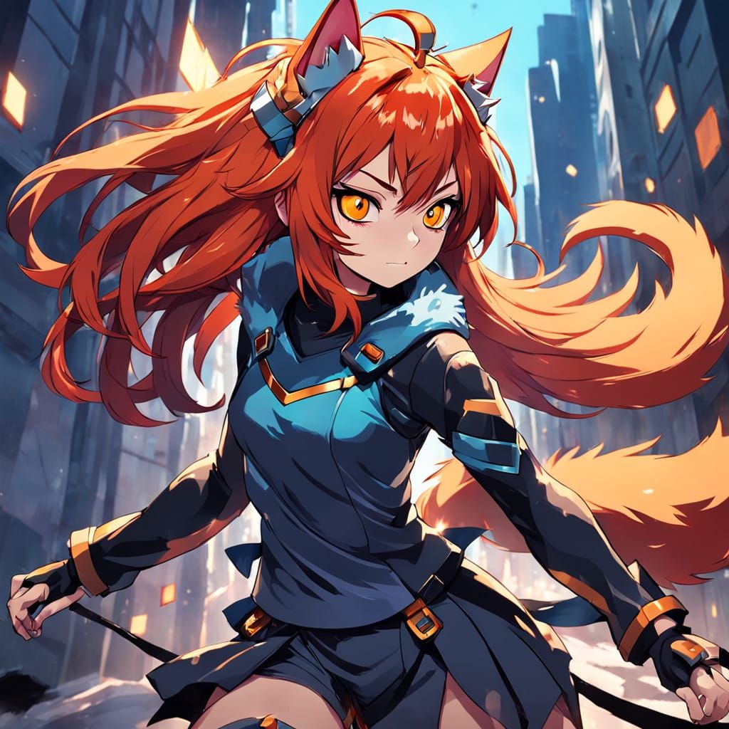 Vibrant Orange-Haired Catgirl in Bold Studio Trigger Style