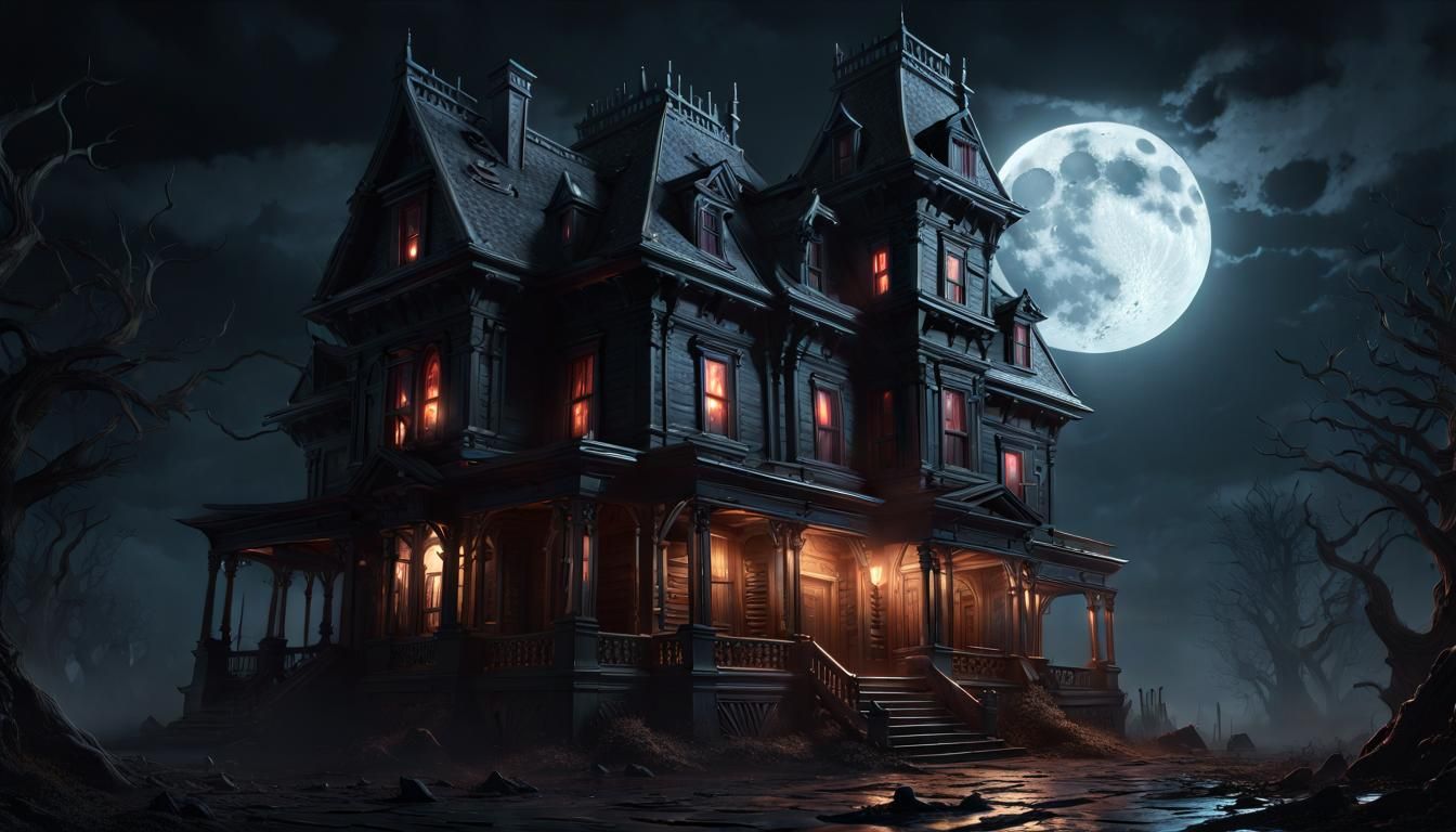 Ominous Victorian Haunted House Under Full Moon