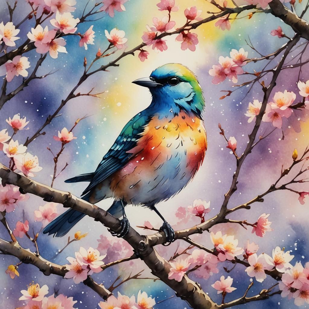 Anime Bird on Spring Tree in Watercolor Style