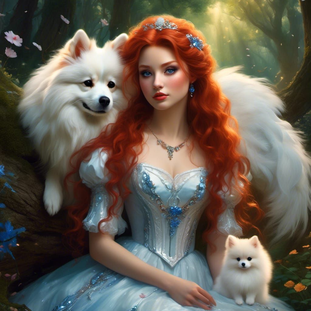 Fairy and Pomeranian in Pre-Raphaelite Style
