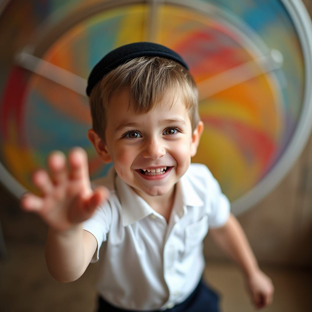 Joyful Boy Plays in Spinning Wheel