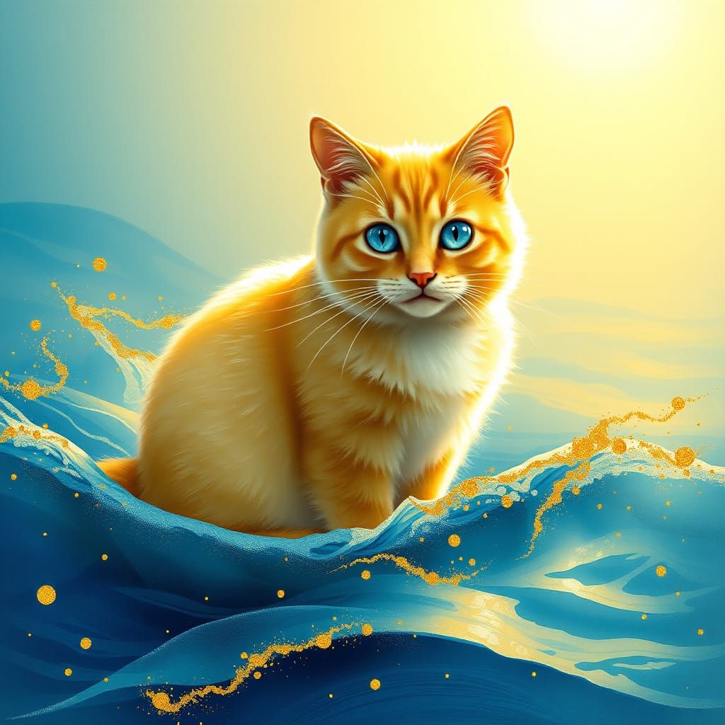 Ethereal Yellow Cat on Golden Ocean Waves